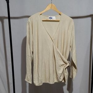 Diane Gilman sweater cream beige plus size pullover neutral low cut wrap shirt